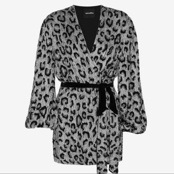 Retrofete Gabrielle Sequin Robe Wrap Silver Leopard Mini Dress NWT Size Medium - Picture 8 of 15